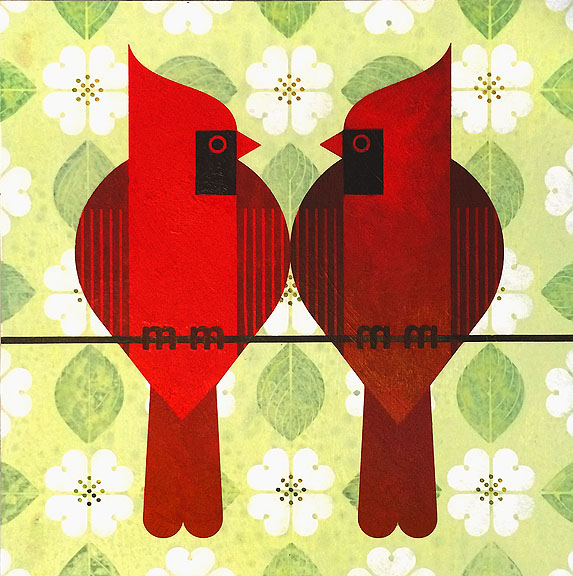 Scott Partridge - painting - cardinals and dogwood