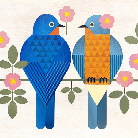 scott partridge - acrylic painting - blue birds rose 12x12