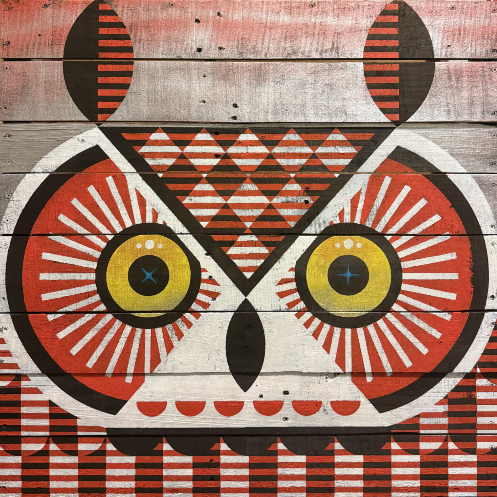 Scott Partridge - Great Horned Owl 32x32 2026 - painting on shipping pallet