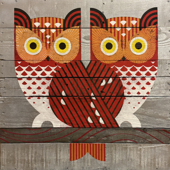 Scott Partridge - Screech Owls 30x30 2026 - painting on shipping pallet